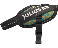 Julius-K9 IDC Powerharness Leopard – Atspindinti šunų petnešėlė, geltonos ir turkio spalvos raštas, dydis Baby 2