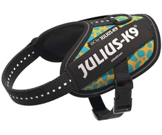 Julius-K9 IDC Powerharness Leopard – Atspindinti šunų petnešėlė, geltonos ir turkio spalvos raštas, dydis Baby 2