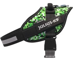 Julius-K9 IDC Powerharness Pixelfield – Atspindintis žalias pikselių šunų pakinktas, reguliuojamas