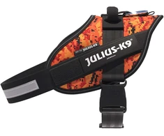 Julius-K9 IDC Powerharness Pixeljuice – Atspindinti šunų pavadėlį su oranžiniu pikselių dizainu, 2 dydis