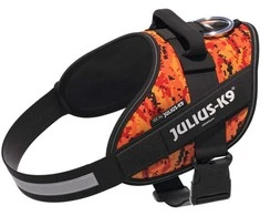 Julius-K9 IDC Powerharness Pixeljuice – Atspindinti šunų pavadėlį su oranžiniu pikselių dizainu, 2 dydis