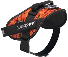 Julius-K9 IDC Powerharness Pixeljuice – Atspindinti šunų pavadėlį su oranžiniu pikselių dizainu, 2 dydis