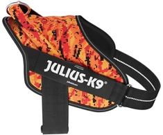 Julius-K9 Power &amp; More Pixeljuice diržas – XXL Reguliuojamas šunų diržas su adaptuojančiu pavadėlio laikikliu, oranžiniai pikseliai