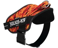 Julius-K9 Power &amp; More Pixeljuice diržas – XXL Reguliuojamas šunų diržas su adaptuojančiu pavadėlio laikikliu, oranžiniai pikseliai
