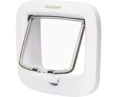 PetSafe katės durelės su rankiniu užraktu – baltos, suŷ integruotu tuneliu ir saugiu užraktu