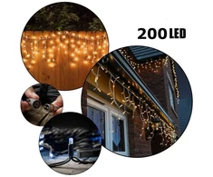 200 LED 8 Metrai lempučių lauko girlianda Varvekliai su baltu laidu, Šiltai baltos spalvos Flash