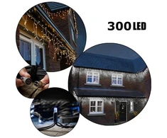 300 LED 15 Metrai lempučių lauko girlianda Varvekliai su baltu laidu, Šiltai baltos spalvos Flash