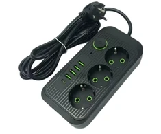 Prailgintuvas 3 kontaktų + 3USB+ 1 Type-C 2 m ES kištukinis maitinimo prailginimo laidas 2M su 3 AC lizdais ir 3 USB ir 1 Type C