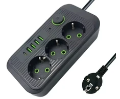 Prailgintuvas 3 kontaktų + 3USB+ 1 Type-C 2 m ES kištukinis maitinimo prailginimo laidas 2M su 3 AC lizdais ir 3 USB ir 1 Type C