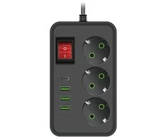 Išmanus juodos spalvos prailgintuvas su USB ir Type-C jungtimis