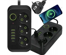 Prailginimo laidas, 2m., su USB ir Type C jungtimis bei 3 kištukais, spalva: juoda