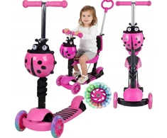 Vaikiškas balansinis paspirtukas su stūmimo rankena Scooter 5in1, rožinis