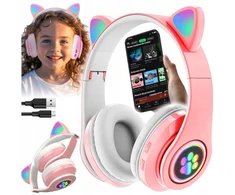 Vaikiškos ausinės katytės ausytės su bluetooth rožinės