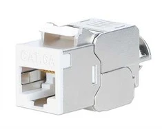 „Intellinet Network Solutions“ INTELLINET Cat6a 10G plonas „Keystone“ modulis STP be įrankių su fiksavimo spaustuku vientisam laidui, paauksuoti kontaktai, metalinis korpusas, baltas