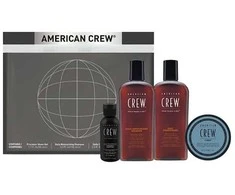 „Essential Set American Crew“ rinkinys: kasdienis drėkinamasis plaukų kondicionierius, 100 ml + kasdienis drėkinimo šampūnas, 100 ml + stiprios fiksacijos plaukų formavimo pomada, 50 ml + raminamasis skutimosi gelis „Precision“, 50 ml