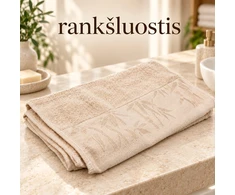 34 × 74 cm smėlio spalvos bambuko pluošto ir medvilnės rankšluostis su dekoratyviniu bambukų raštu