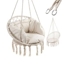 Boho stiliaus pakabinamas krėslas su pagalvėle 80 cm | 150 kg | spalva: ecru