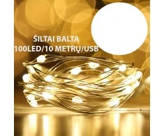 Šiltai balta LED girlianda su USB jungtimi, 10 m, 100 LED