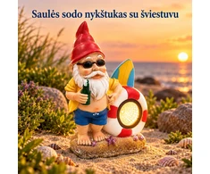 sodo nykštukas su saulės energijos šviestuvu, paplūdimio tema