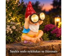 sodo nykštukas su šviečiančiais žiūronais ir saulės panele