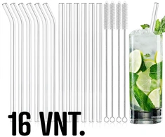 Stikliniai daugkartinio naudojimo šiaudeliai (12 vnt. + 4 šepetėliai)