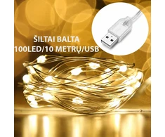 USB LED girlianda, 100 LED, 10 m, šiltai balta