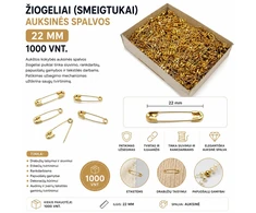 Žiogeliai (smeigtukai) auksinės spalvos 22 mm – 1000 vnt.