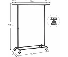 Songmics Drabužių kabykla su ratukais ir reguliuojamu pločiu, juoda, 92–132 x 45,4 x 160 cm