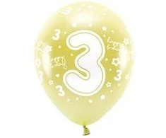 Balionai auksiniai "3 happy birthday" 33cm 6 vnt