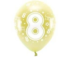 Balionai auksiniai "8 happy birthday" 33cm 6 vnt