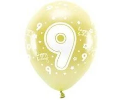Balionai auksiniai "9 happy birthday" 33cm 6 vnt