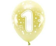 Balionas auksinis "1 happy birthday" 33cm 6 vnt