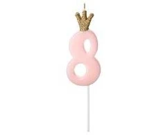 PartyDeco Žvakutė Skaičius su karūna, rausva 9,5cm, Skaičius: 8