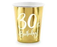 Vienkartiniai puodeliai auksiniai "30 birthday" 220ml 6 vnt
