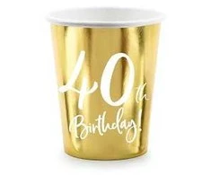 Vienkartiniai puodeliai auksiniai "40 birthday" 220ml 6 vnt