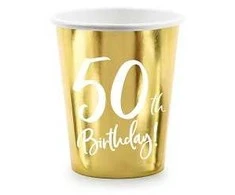Vienkartiniai puodeliai auksiniai "50 birthday" 220ml 6 vnt