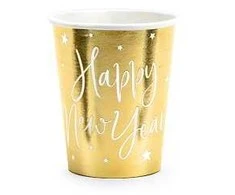 Vienkartiniai puodeliai auksiniai "Happy new year" 220ml 6 vnt