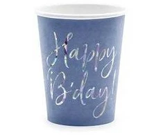 Vienkartiniai puodeliai melsvi "Happy birthday" 220ml 6 vnt