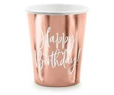 Vienkartiniai puodeliai rausvi "Happy birthday" 260ml 6 vnt