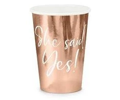 Vienkartiniai puodeliai rausvi "She said yes" 260ml 6 vnt