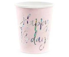 Vienkartiniai puodeliai rožiniai "Happy birthday" 220ml 6 vnt