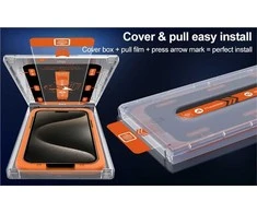 Apsauginis stiklas „Mobile Origin Privacy Screen Guard iPhone 15 Pro Max“ su lengvai aplikatoriumi, 2 vnt. pakuotėje