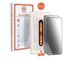 Apsauginis stiklas „Mobile Origin Privacy Screen Guard iPhone 15 Pro Max“ su lengvai aplikatoriumi, 2 vnt. pakuotėje