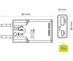 Įkroviklis Mobile Origin GaN 30W Slim Charger TÃœV MO16 - USB-A + USB-C