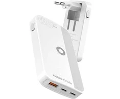 Mobile Origin 65W GaN III plonas įkroviklis su dviguba USB-C jungtimi, vieno USB-A jungtimi, baltas