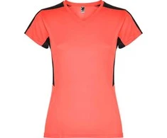 Roly Moteriški trumpų rankovių techniniai marškinėliai SUZUKA Fluoro koralų/juoda