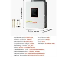 VEVOR 3000W hibridinis saulės inverteris, 24V DC į 230V AC