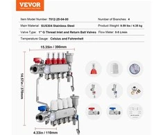 VEVOR 4-ių šakų grindinio šildymo kolektorius 1/2 PEX