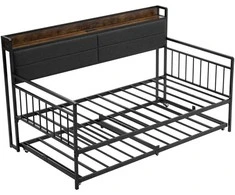 VEVOR Dvigulė metalinė sofa-lova su ištraukiama lova, USB ir daiktadėže, juoda. Sofa lova, dvivietė lova, svečių lova