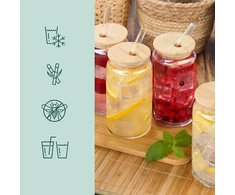 Relaxdays 4 geriamųjų stiklinių rinkinys su bambukiniu dangteliu